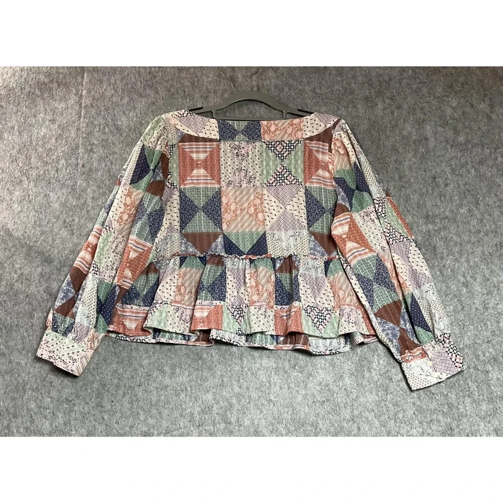 American Eagle Outfitters Blouse Womens Medium Multicolor Patchwork Peplum Boho